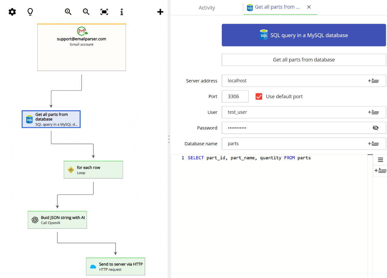 SQL SELECT statement configured in an Email Parser MySQL database action