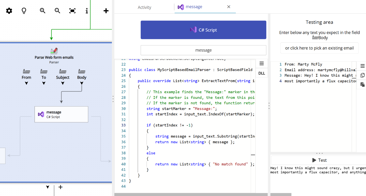 running a C# script to parse email text