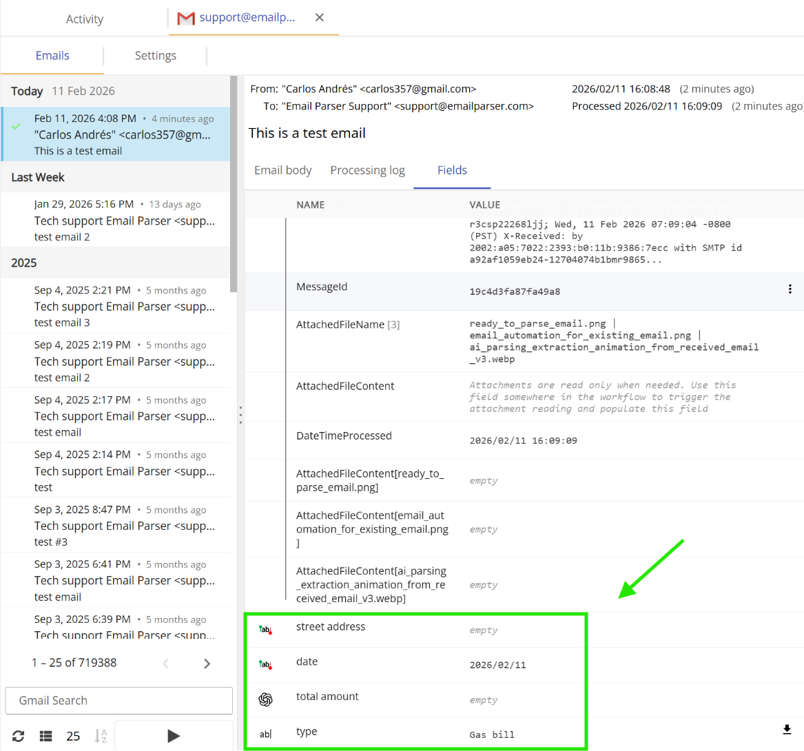 parsed fields in Email Parser