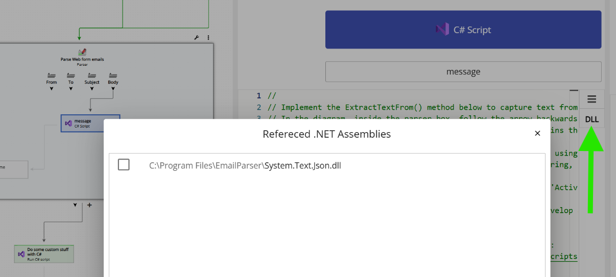 Referencing .NET assemblies (DLL files) in the Email Parser C# script editor