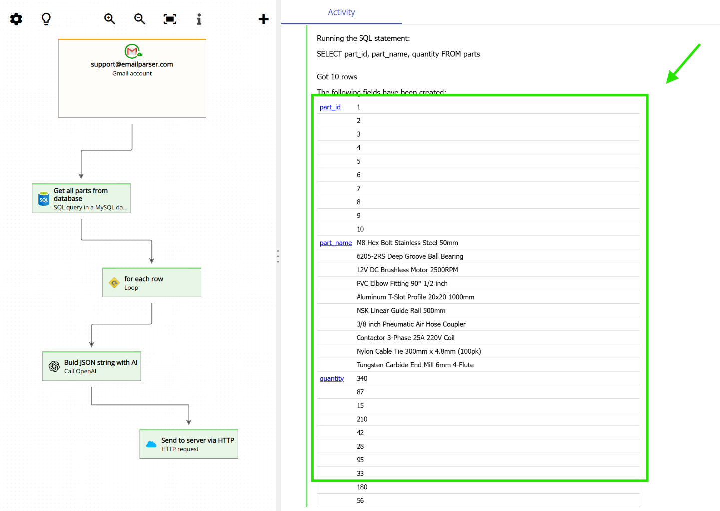 Fields resulting from a SQL SELECT query shown in the Email Parser field list
