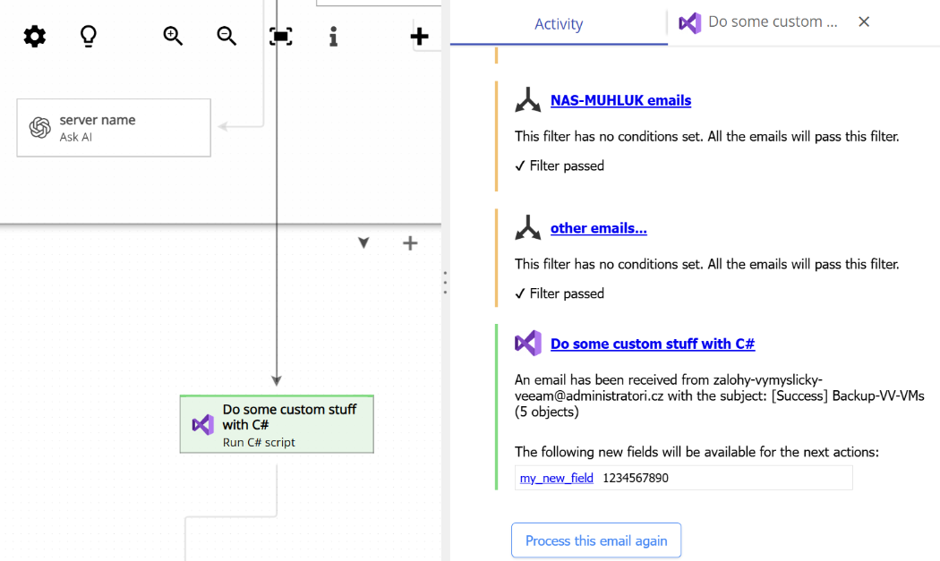 running a C# script as an action in the process of parsing an email