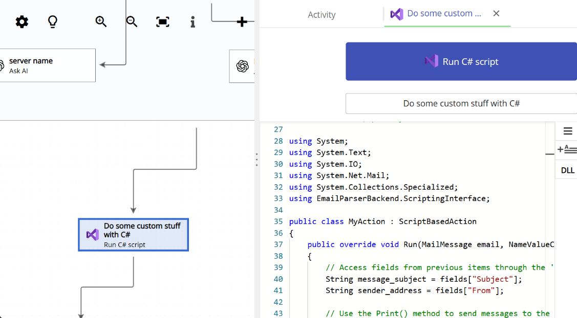 running a cs code as part of email text capturing