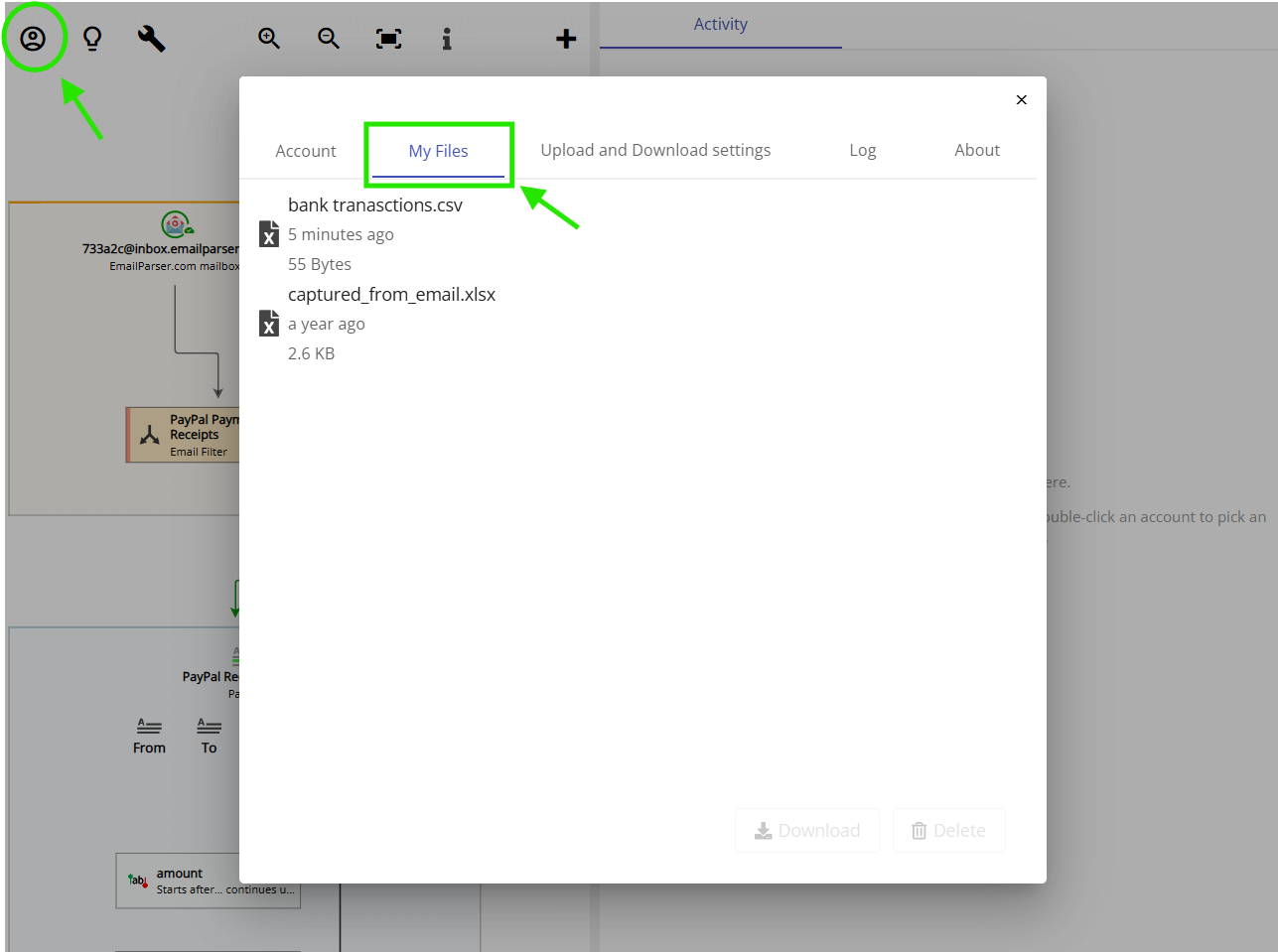 My Files dialog in the Email Parser Web app