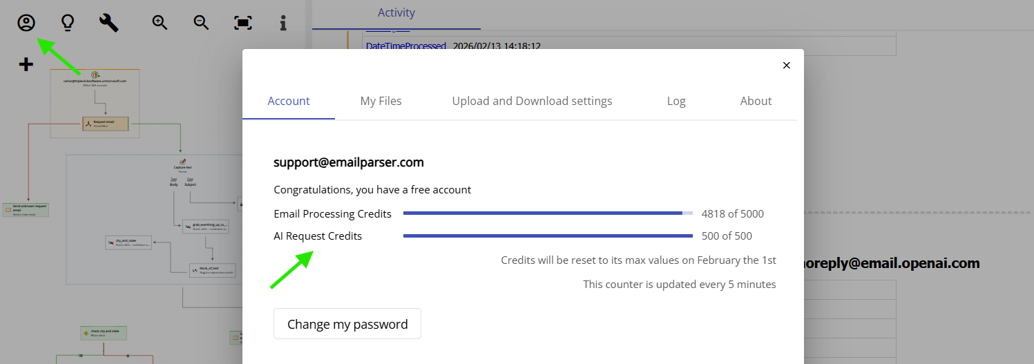 Screenshot showing the remaining AI credits counter in the Email Parser web application