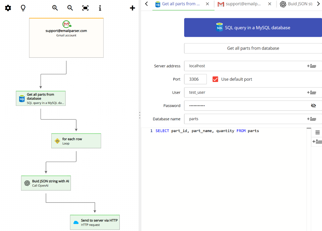 Animation showing the full workflow of using a MySQL database action in Email Parser when processing an email