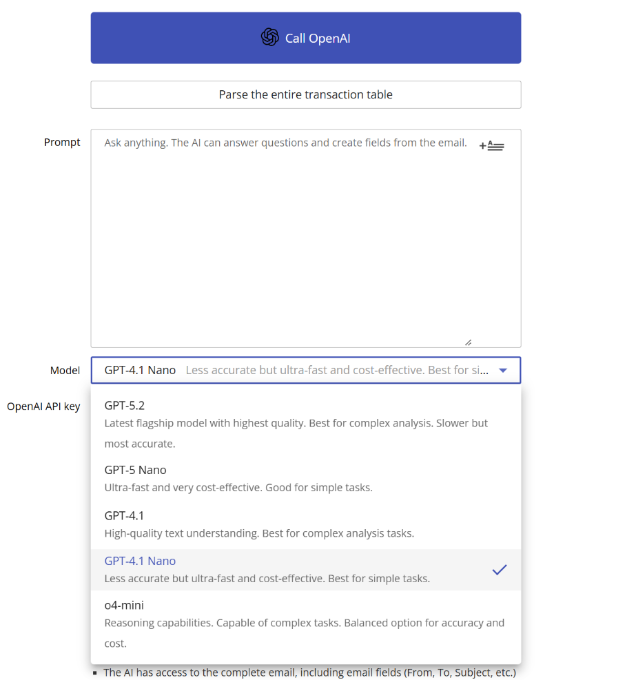 Supported OpenAI models in Email Parser