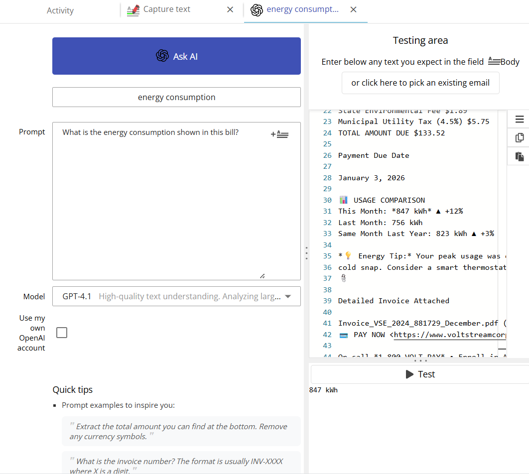 Animation showing how to test and refine different prompts to get the desired parsing result from the AI