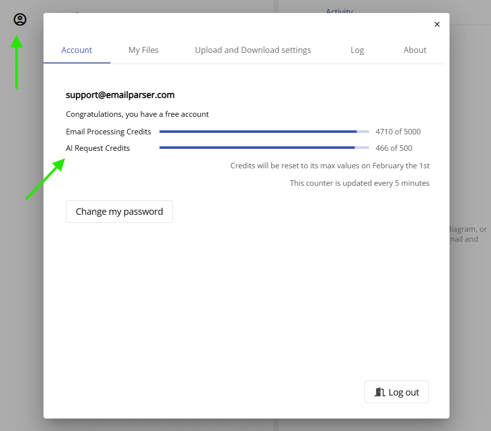 Overview of the AI credit system in the Email Parser web app