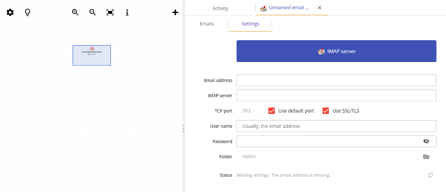 the parameters required to set up an IMAP email account in Email Parser