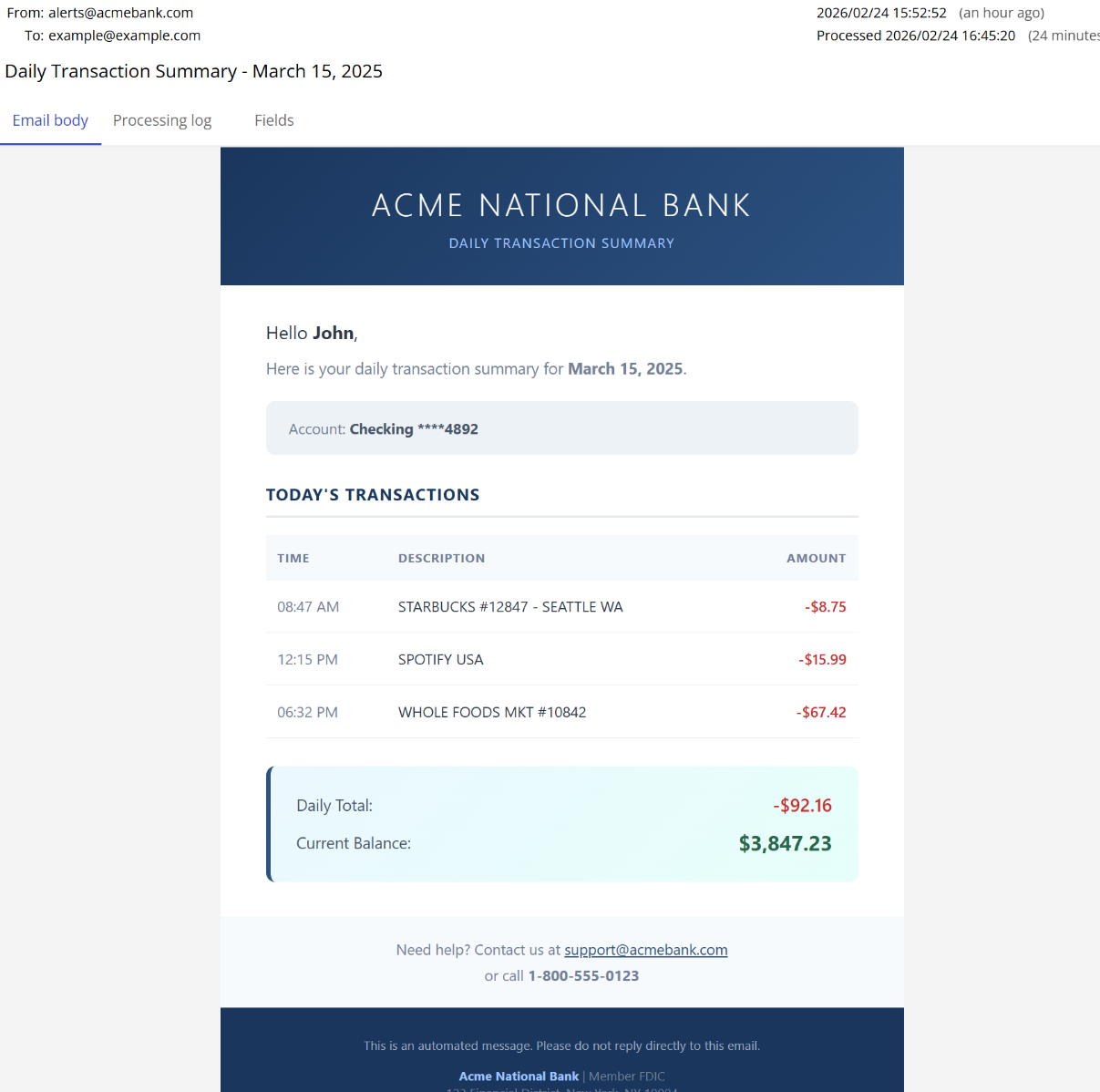 Sample transaction email containing a table of daily financial transactions including time, description, and amount