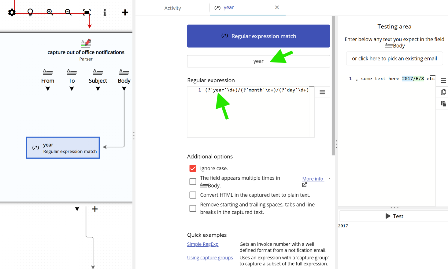 Example of using capture groups in a regular expression to extract specific parts of the matched text