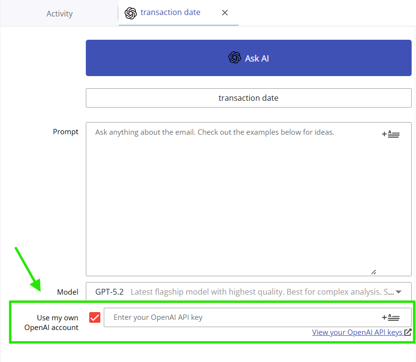 Configuring a personal OpenAI API key in Email Parser to avoid consuming AI credits