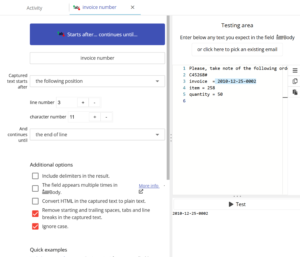 using specific text positions for parsing in Email Parser
