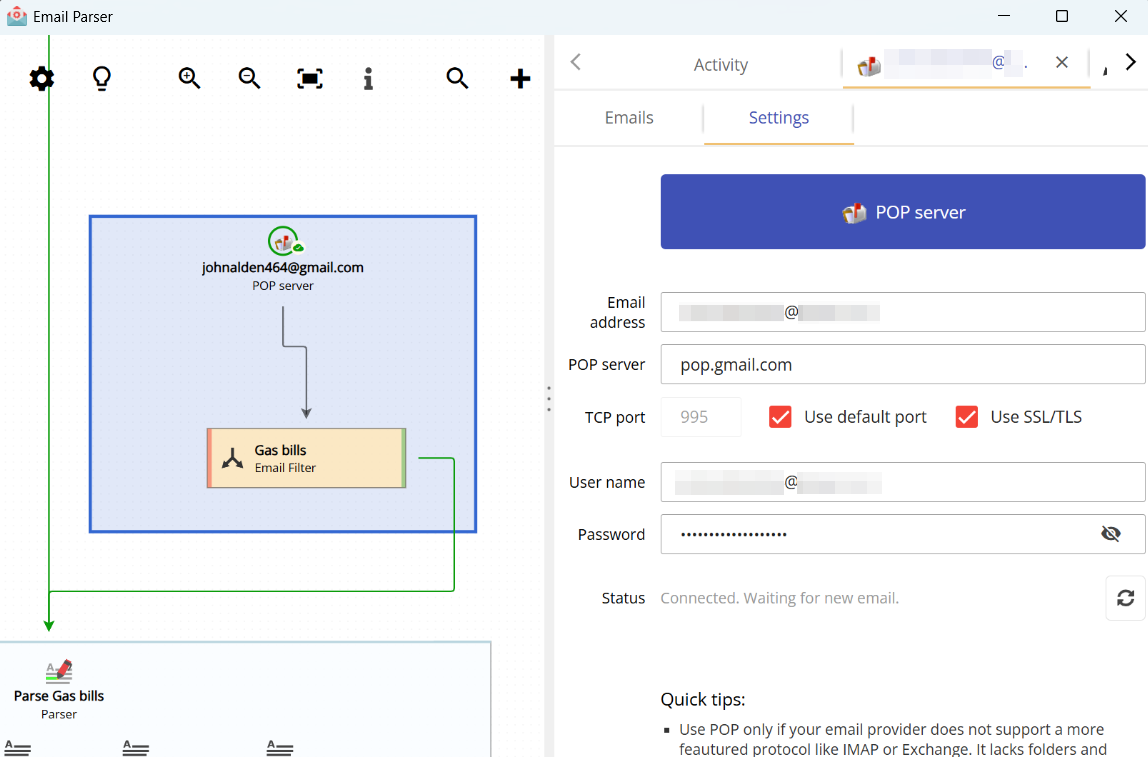 A POP email account correctly configured in Email Parser, showing the connection status as connected