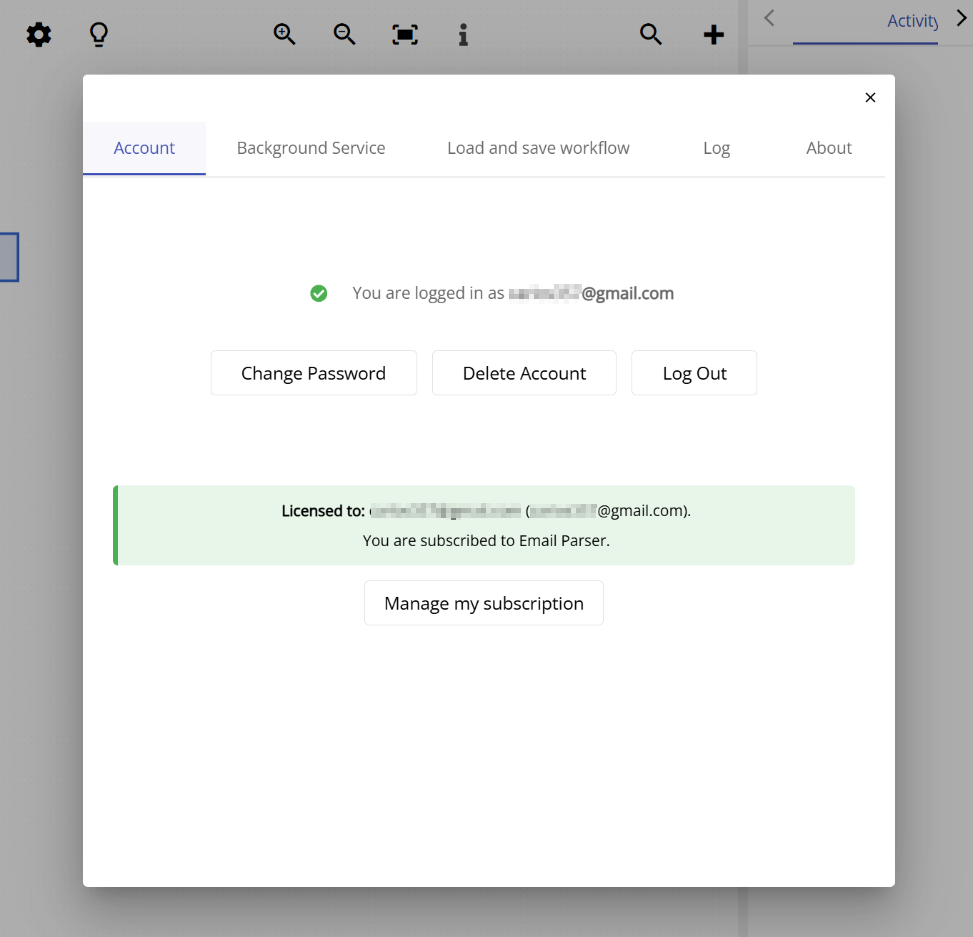 Account tab in the Email Parser settings window showing the current subscription status and the Manage subscription button