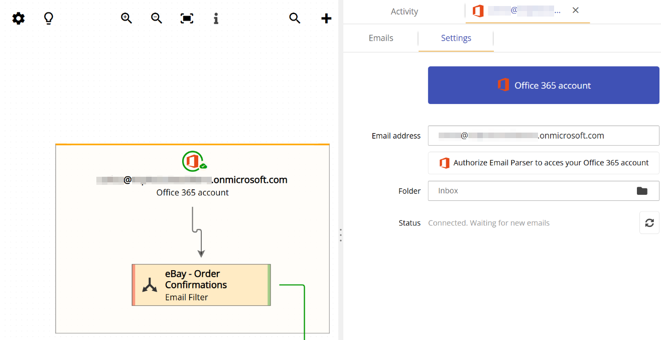 An Office 365 email account connected and ready to parse emails in Email Parser
