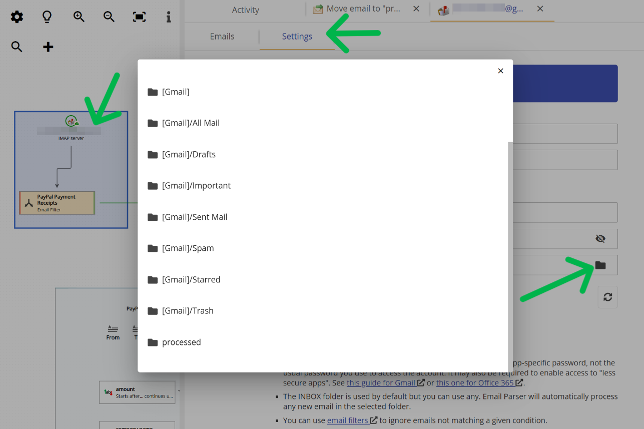 Browsing IMAP folders under the email account settings