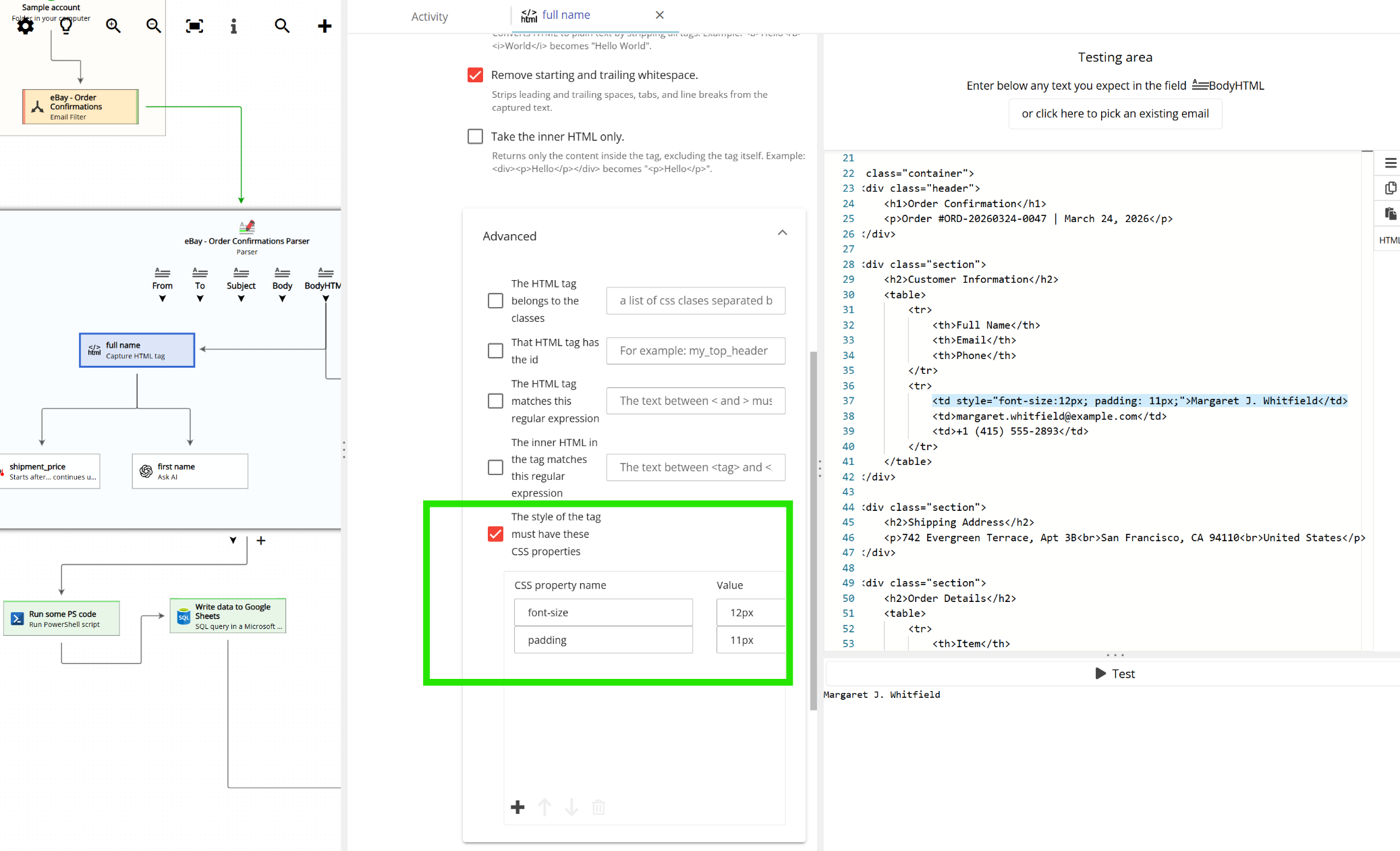 Capture HTML tag by properties settings, bottom section showing additional filtering and output options