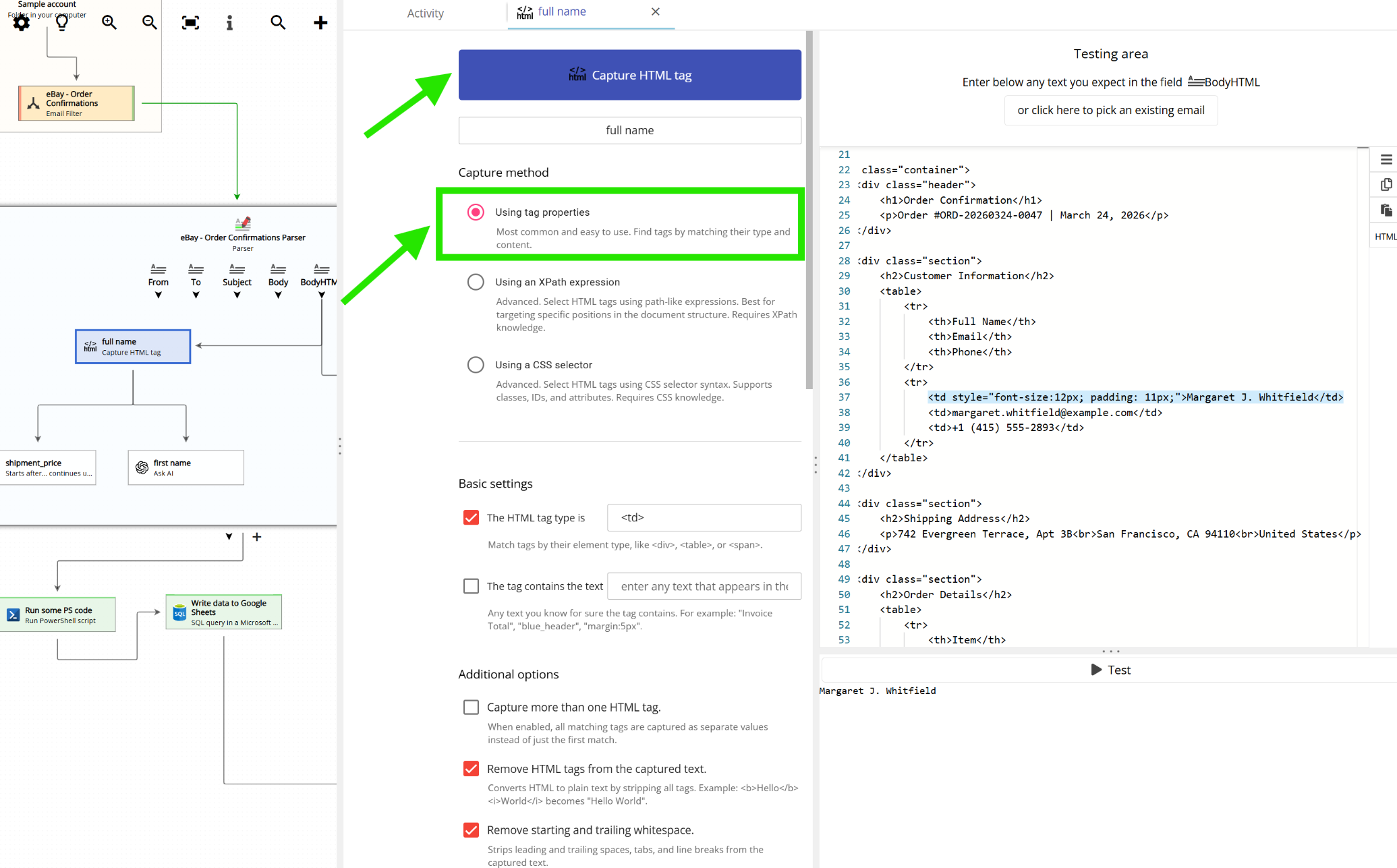 Capture HTML tag by properties settings, top section showing tag name, class, and attribute filters