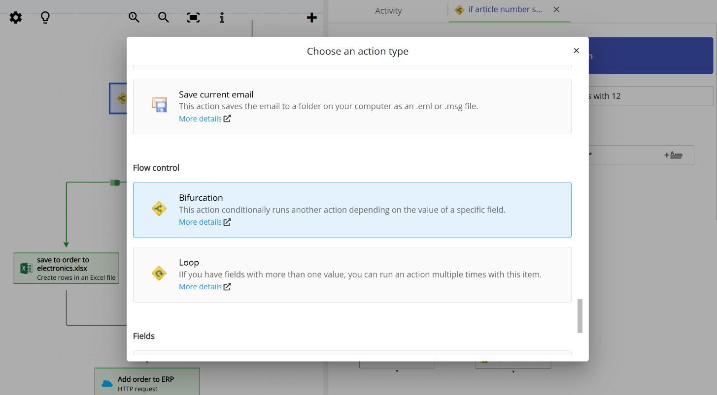 Choosing a Bifurcation as the action type in Email Parser