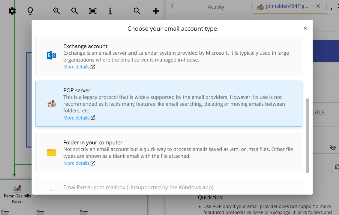 Choosing POP server from the list of available email account types in Email Parser