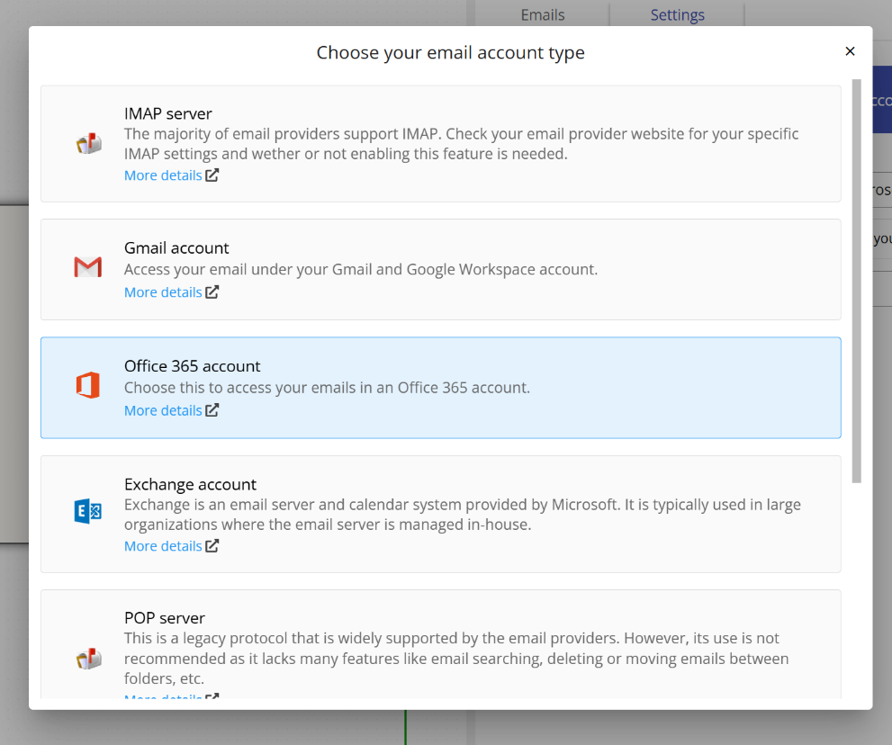 Choosing Office 365 as the email account type among other available email protocols