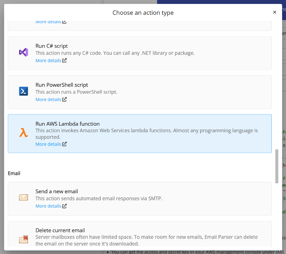 Choosing the Run AWS Lambda function action type from the list of available actions in Email Parser