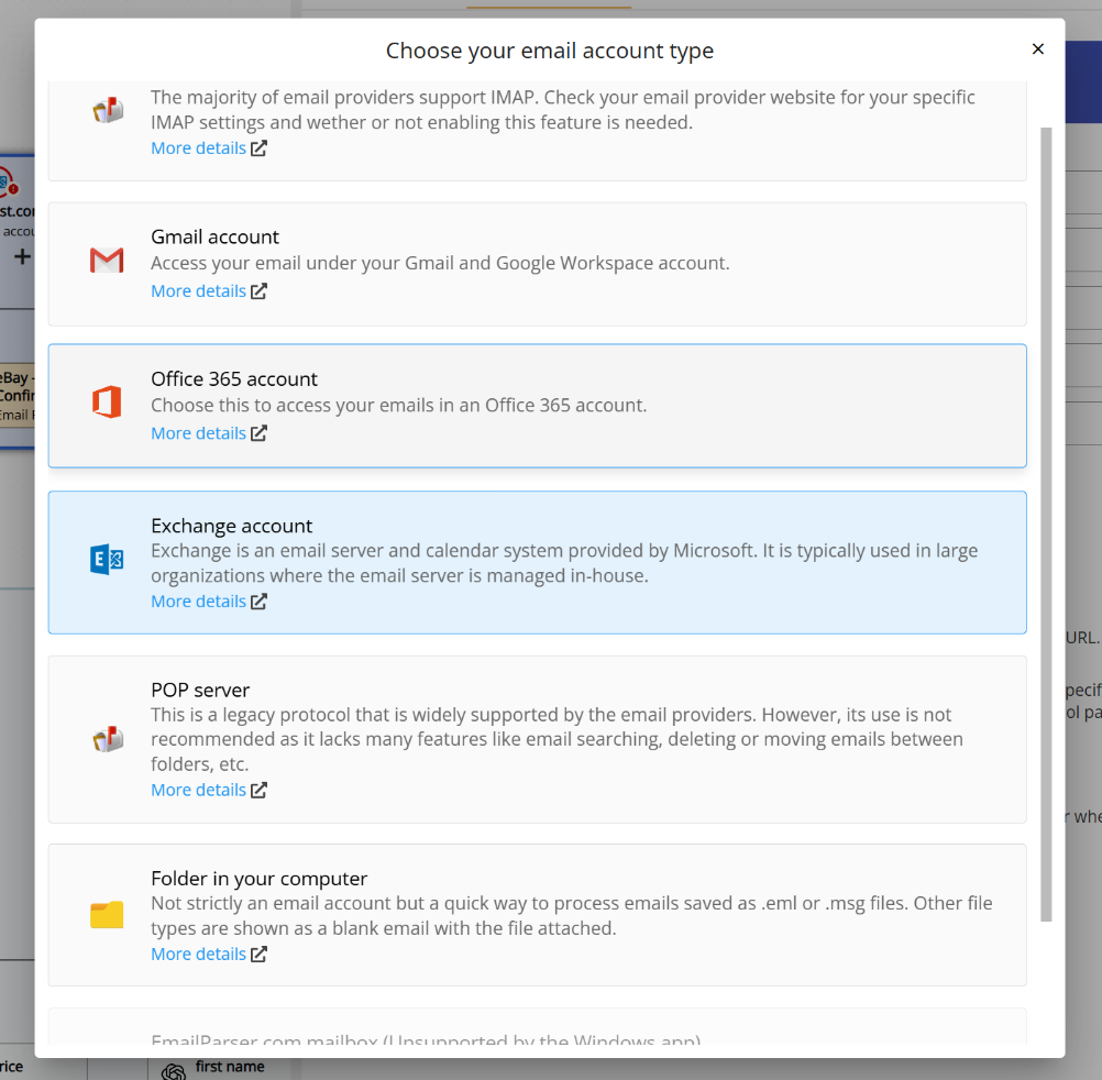 Selecting Exchange account from the list of email account types in Email Parser
