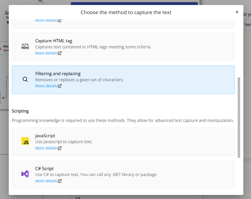 Choosing filtering and replacing among the available text capture methods