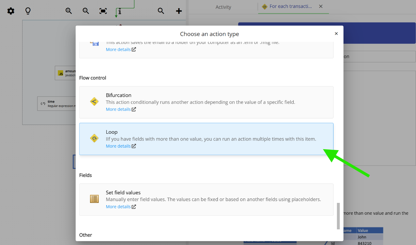 Choosing the Loop action type in Email Parser
