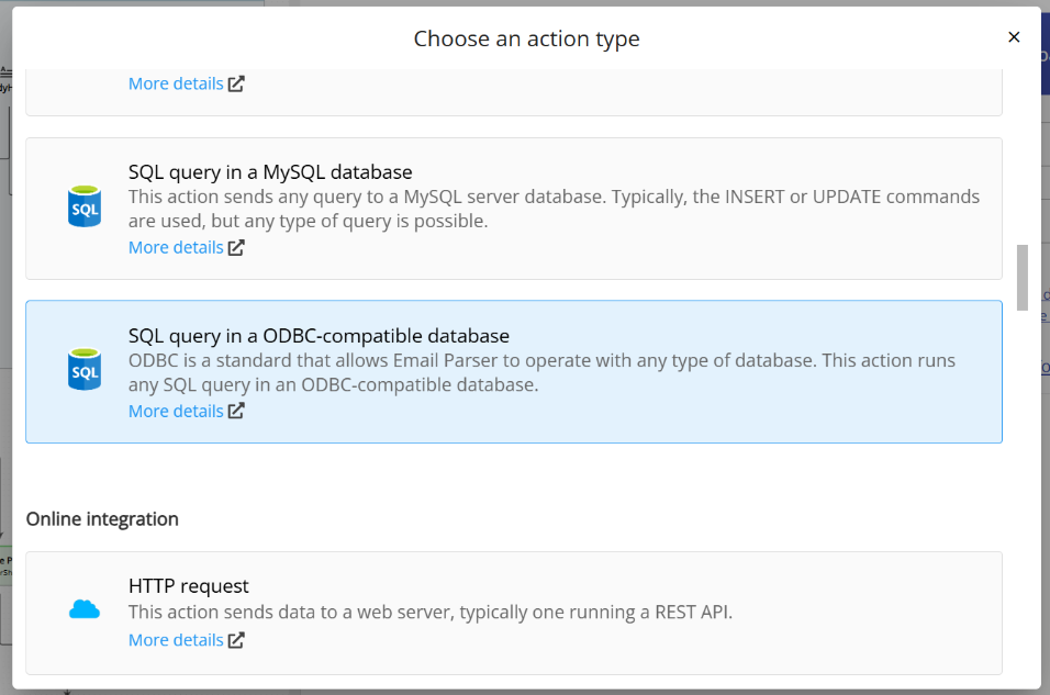 Choosing the ODBC action type from the list of available database actions