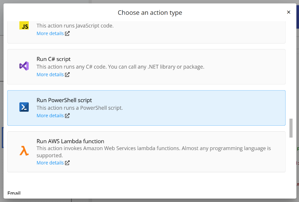 Choosing Run PowerShell script as the action type in Email Parser