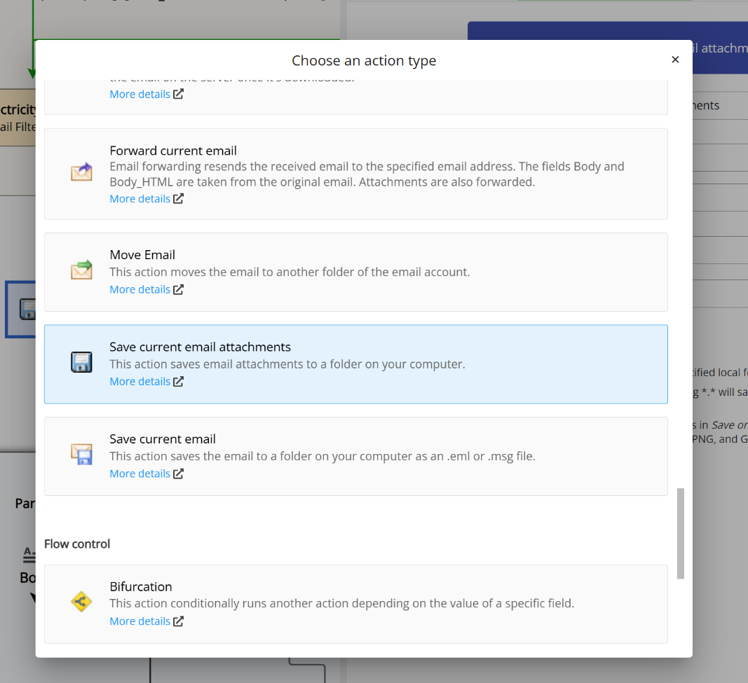 Choosing Save current email attachments as the action type when creating a new action