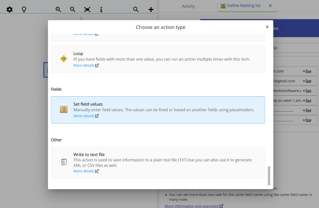 Choosing the Set Field Values action type among the available action types in Email Parser