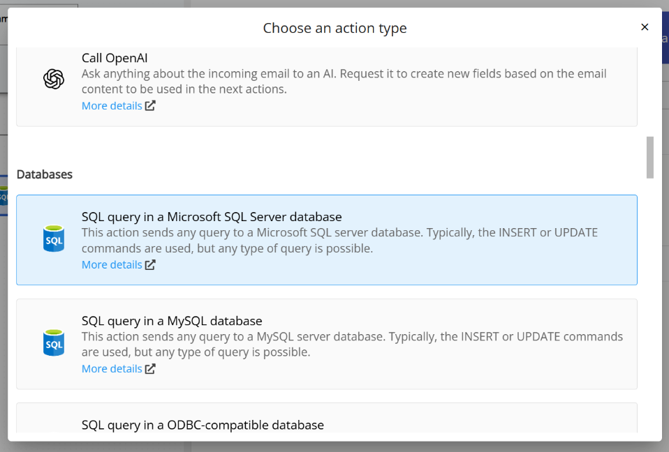 Choosing the SQL Server Database action from the list of available action types