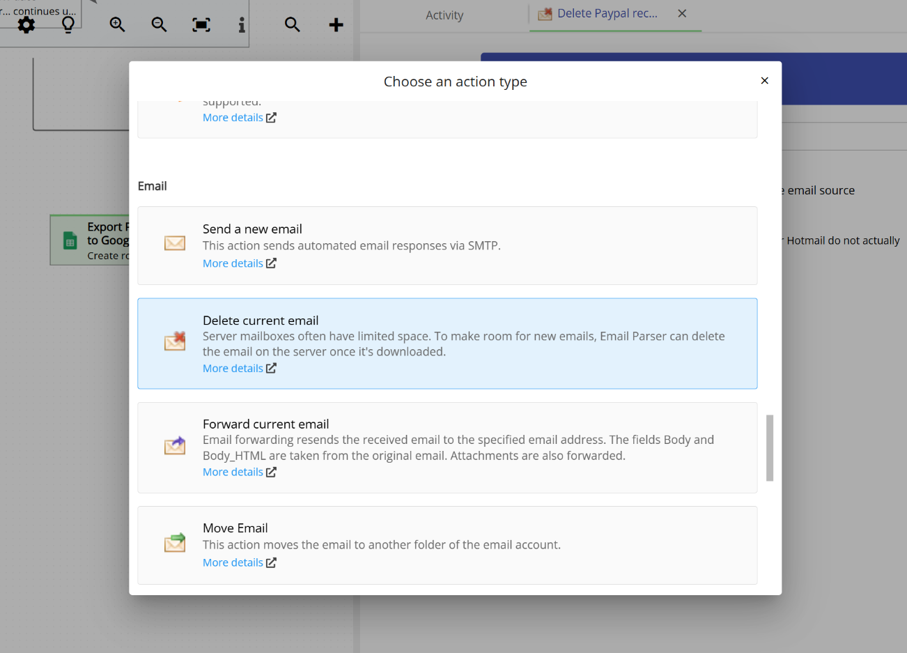 Choosing the Delete current email action from the list of available actions