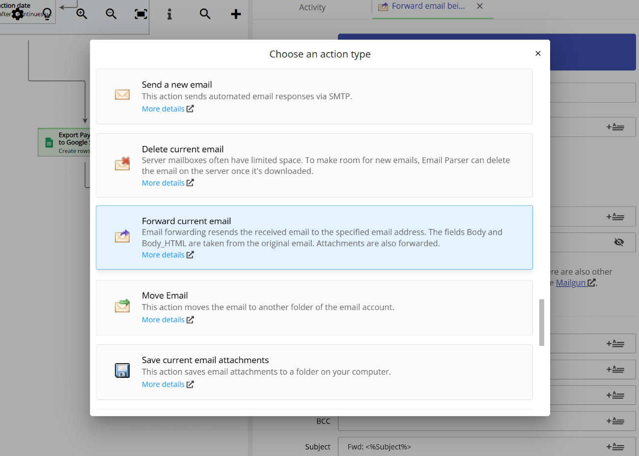 Choosing the Forward current email action among all available action types