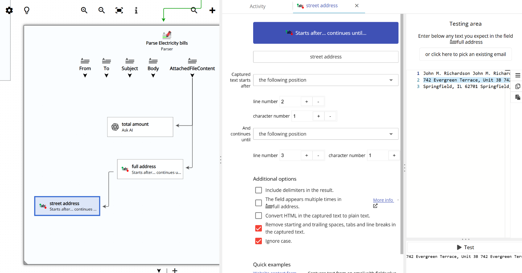 Configuration of capturing the street from the full address in two parsing steps