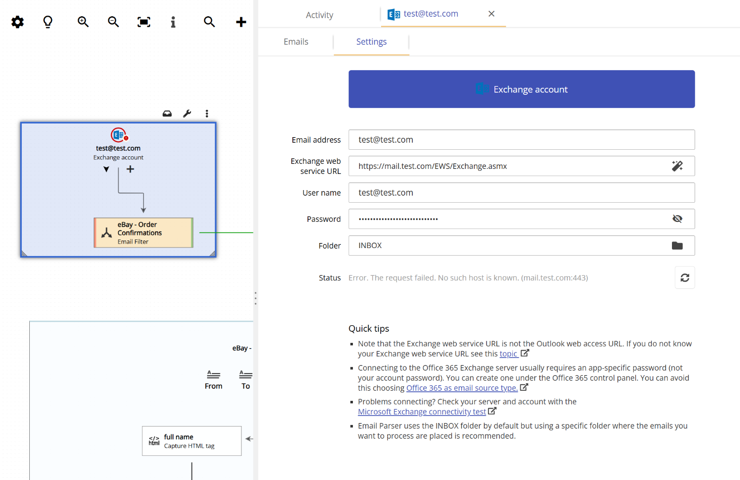 Configuring Exchange email account settings in Email Parser