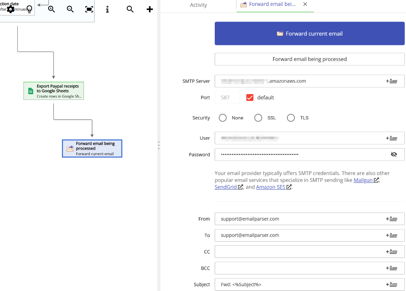 Configuring the Forward current email action with SMTP settings and recipient fields
