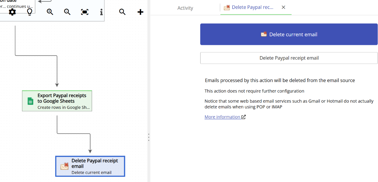 The Delete current email action configuration panel showing no configuration is needed