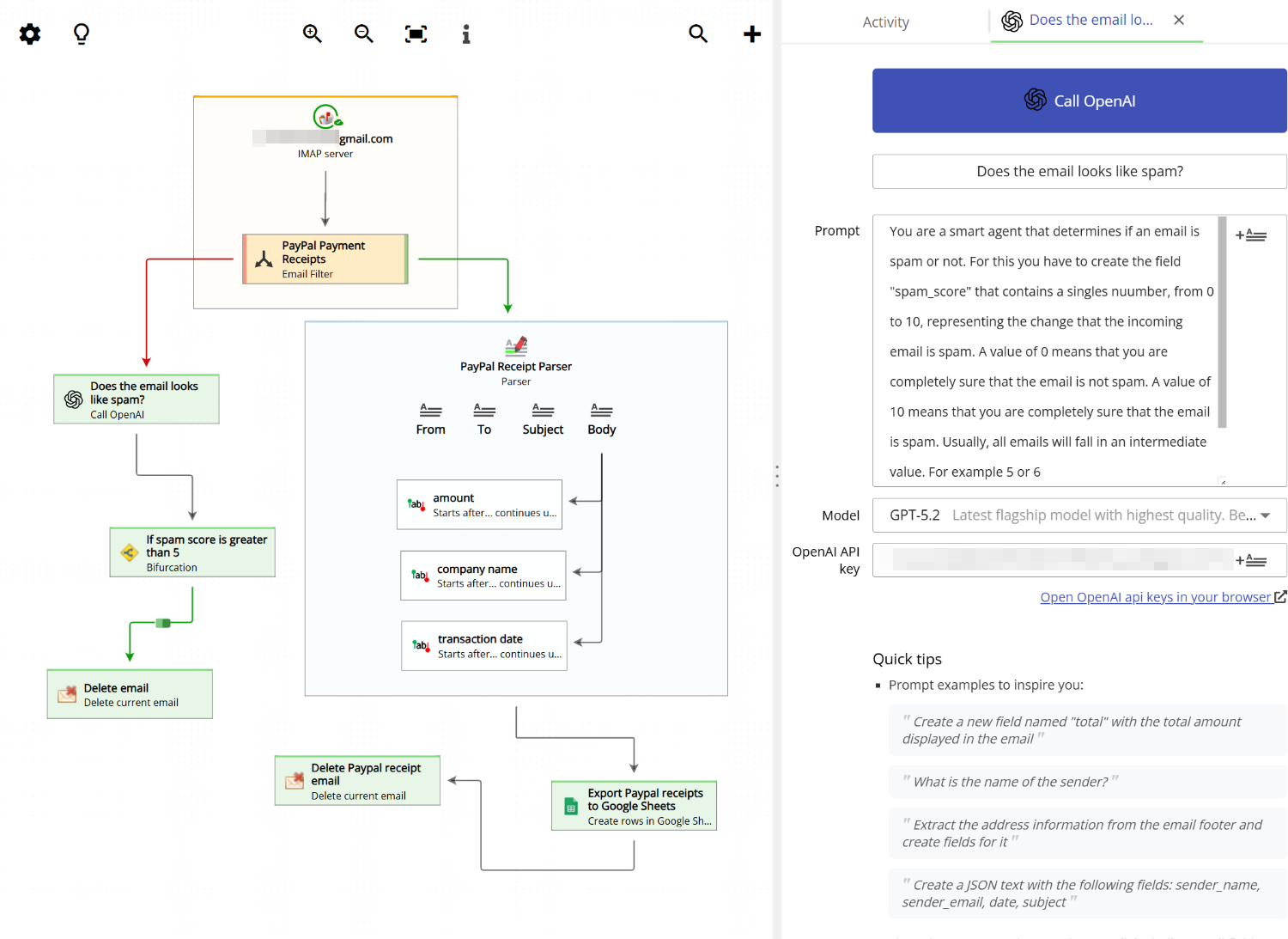 Workflow diagram showing an AI agent determining if an email is spam and deleting it if the score is above 5