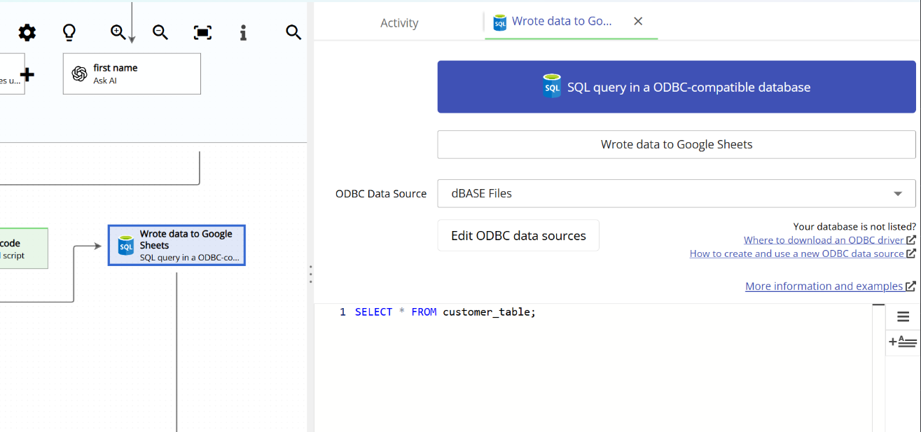 Editing an ODBC action in Email Parser showing the DSN selector and SQL statement editor