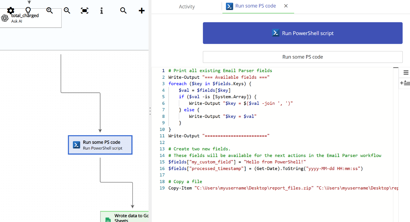 Editing a PowerShell script inside Email Parser