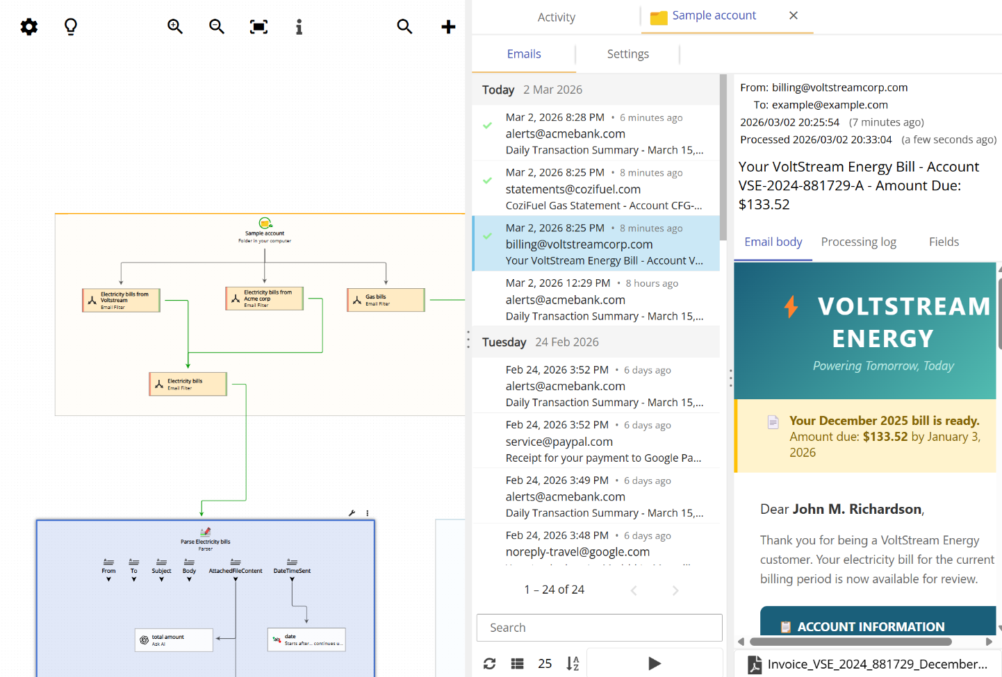 Animation showing four email filters distinguishing between electricity and gas bills