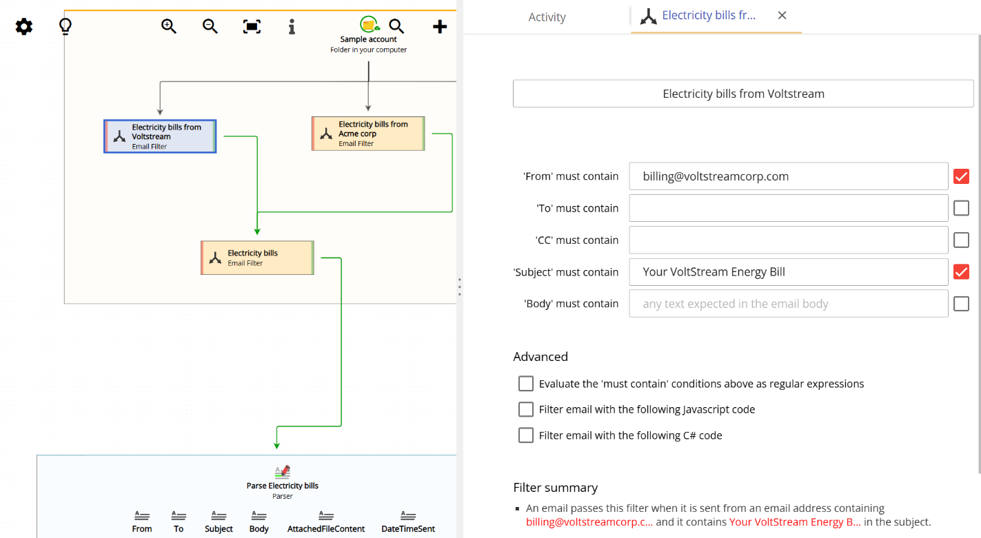 Email filter settings showing subject and sender conditions