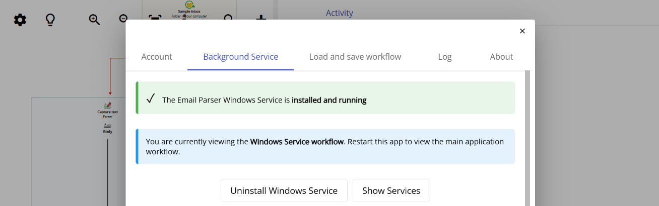 Email Parser running as a Windows Service, ready and processing emails