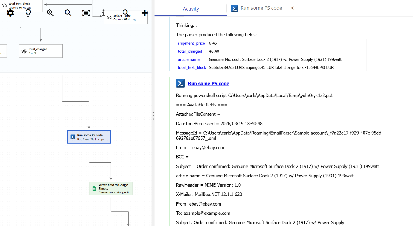 PowerShell script output displayed in the Email Parser Activity tab
