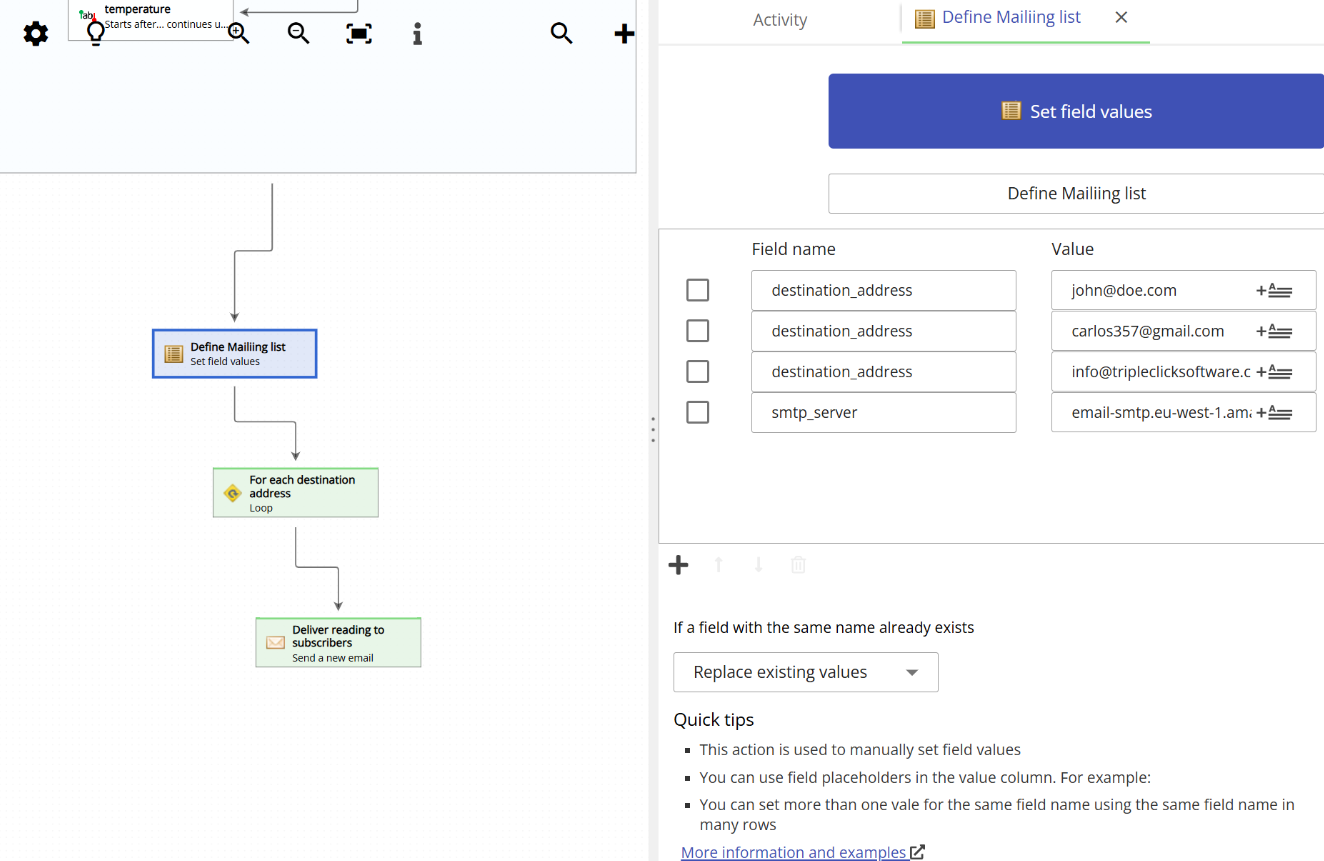 Animated example of using the Set Field Values action to define a destination_address field with multiple values and then use them in a Send Email action via a Loop action